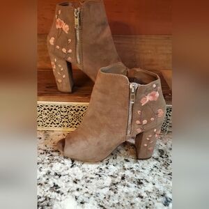 Candie's Brown Ankle Booties with Pink Floral Embroidery